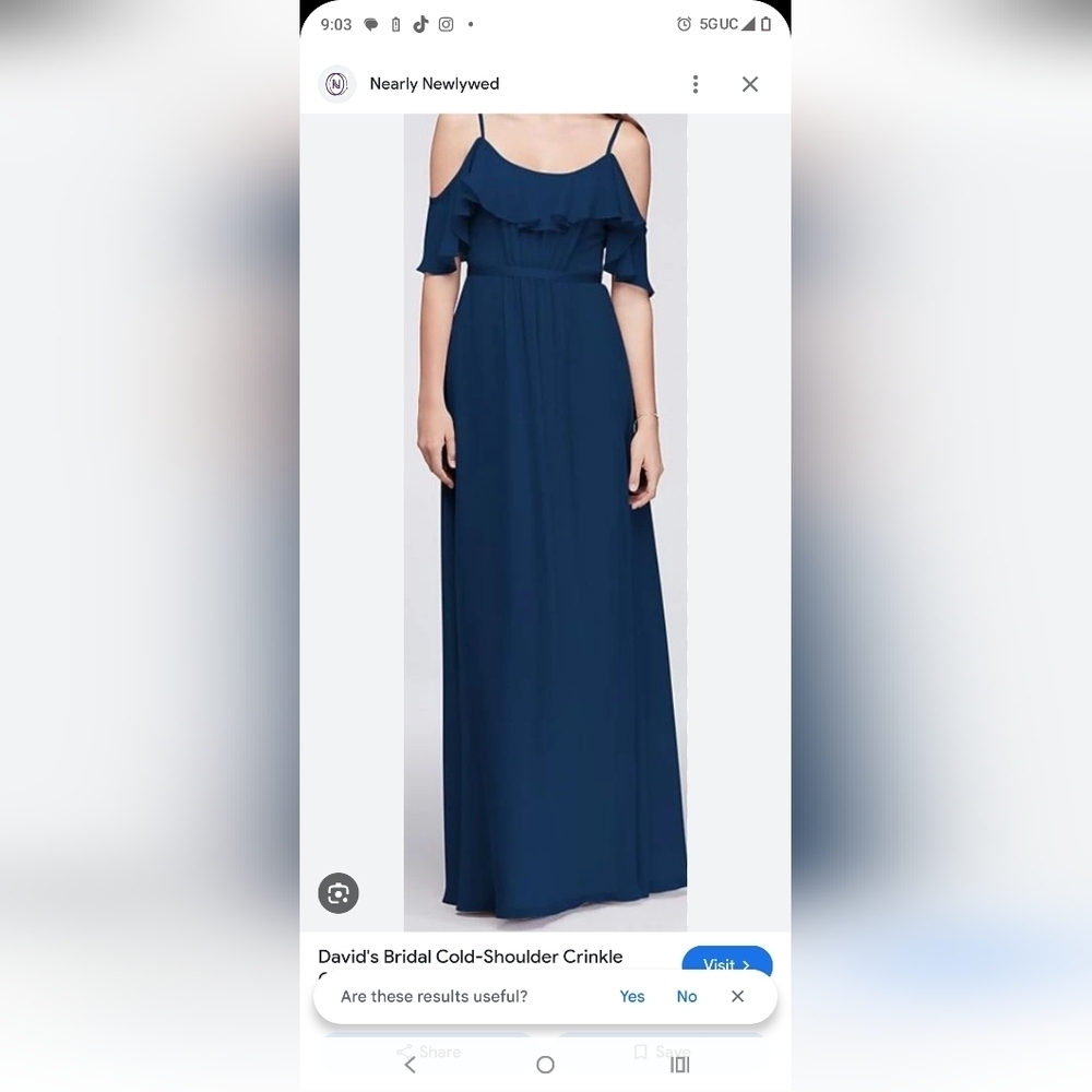 David's Bridal Cold-Shoulder Crinkle  Chiffon Bridesmaid Dress - Navy Size 8
